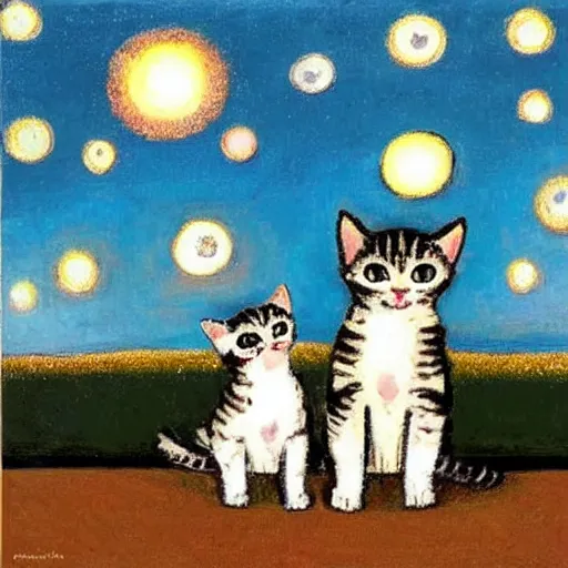 Prompt: Kitten and puppy look up at the stars, by Gary Bunt