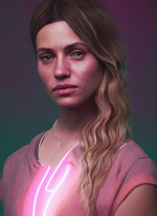 Image similar to glowwave portrait of michele from gta 5, au naturel, hyper detailed, digital art, trending in artstation, cinematic lighting, studio quality, smooth render, unreal engine 5 rendered, octane rendered, art style by klimt and nixeu and ian sprigger and wlop and krenz cushart.