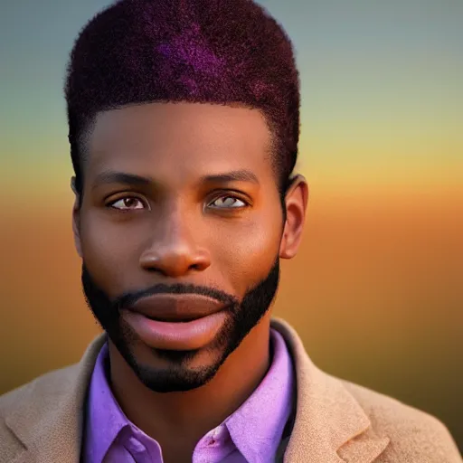 Prompt: a handsome regal young African-American cowboy with a smirk and gold teeth with a nice eyes catch light, volumetric lighting, in front of a pale lavender sunrise, dawn, predawn, golden light, no crop, smooth, sharp focus, grainy, realistic, hyperrealistic, very neat, intricate, cinematic lighting, highly detailed, digital painting, artstation, concept art, smooth, sharp focus, illustration, full body length made by Jacob Lawrence and Sam Gilliam and Edmonia Lewis