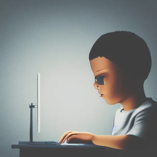 Image similar to illustration of a boy using his computer late night, low lights, dynamic lighting, strong shades, 4k