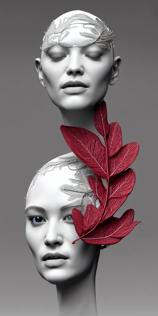 Image similar to complex 3d render ultra detailed of a beautiful porcelain profile woman face, mechanical vegetal cyborg, robotic parts, 150 mm, beautiful studio soft light, 3 point lighting, spot light, rim light, silver gold red details, luxurious, high tech gadget, cyberpunk, magnolia big filigran leaves and stems, roots, Alexander Mcqueen haute couture, fine foliage lace, lumiol, mesh wire, filigran metallic intricate details, hyperrealistic, mandelbrot fractal, anatomical, silver metal armor, facial muscles, cable electric wires, microchip, elegant, beautiful background, beautiful white teeth, octane render, H.R. Giger style, 8k