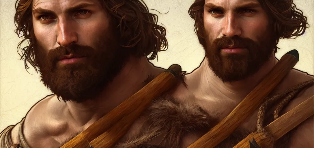 Image similar to renaissance upper body portrait of a gruff ranger with a spear, lean and toned, handsome face, hairy chest, D&D, intricate, elegant, highly detailed, digital painting, artstation, concept art, matte, sharp focus, illustration, art by da Vinci, Artgerm and Greg Rutkowski and Alphonse Mucha