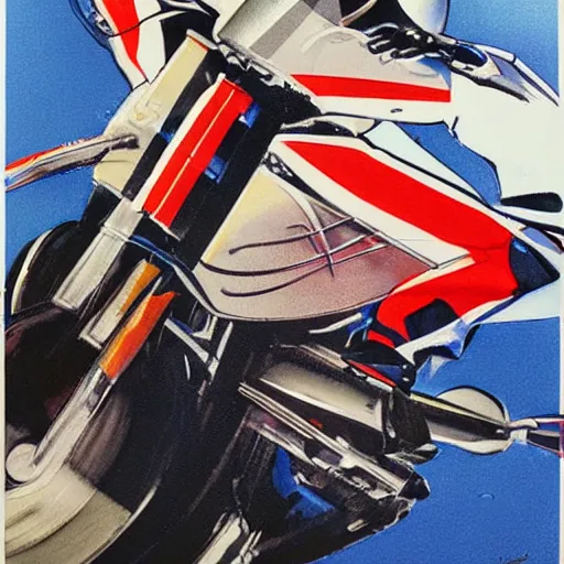 Prompt: photorealistic picture, by bob peak and alex ross, moto gp ads in 1 9 9 0 s, gouache and wash paints, fine details, fine intricate, fine facial proportionate, fine body proportionate, fine fix broken line, fine fix duplicate line, smooth shar focus, sharp focus