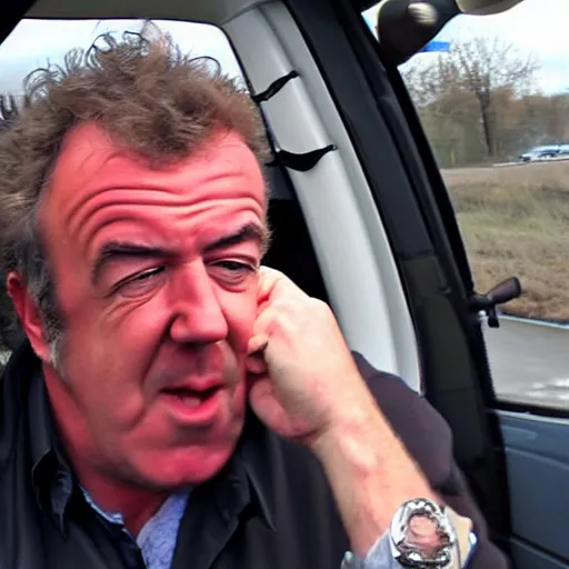 Prompt: Jeremy Clarkson driving and pressing car honk. Angry Jeremy Clarkson driving, honking. Jeremy Clarkson pressing honk while driving.