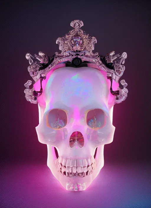 Image similar to photo of fullbodied baroque and bladerunner delicate neon diamond sculpture of seductive onyx albino marble prince kai harvatz dotado pink iridescent skull psychedelic, reclining, glowing magenta face, crown of white diamonds, cinematic lighting, photorealistic, octane render 8 k depth of field 3 d