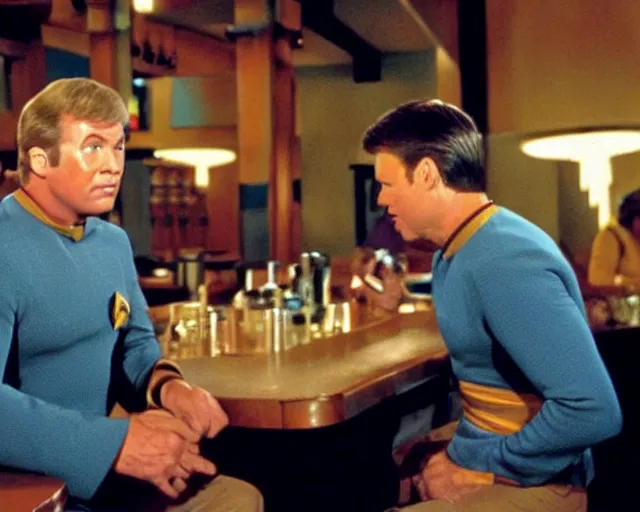 Image similar to captain kirk and doctor mccoy drunk, sitting at the bar, cdx