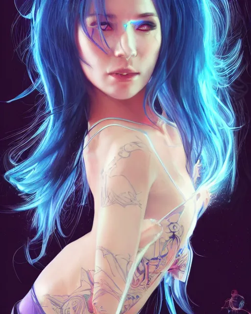 Image similar to stunningly beautiful female dj, blue hair, dj sura, dragon tattoo on her back, laser lights, sharp focus, digital painting, 8 k, concept art, art by wlop, artgerm, greg rutkowski and alphonse mucha