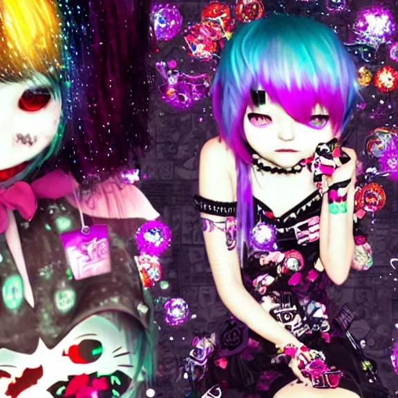 Image similar to photo of a emo manic pixie dream girl, 8k, portrait | sanrio glitchcore yokai girl, shadowverse character concept, found footage horror, glitter gif