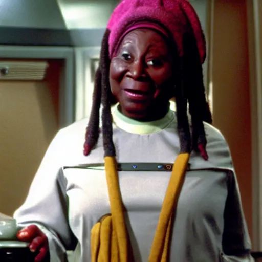 Prompt: guinan from star trek wearing random kitchen tools on her head on the starship enterprise, whoopi goldberg