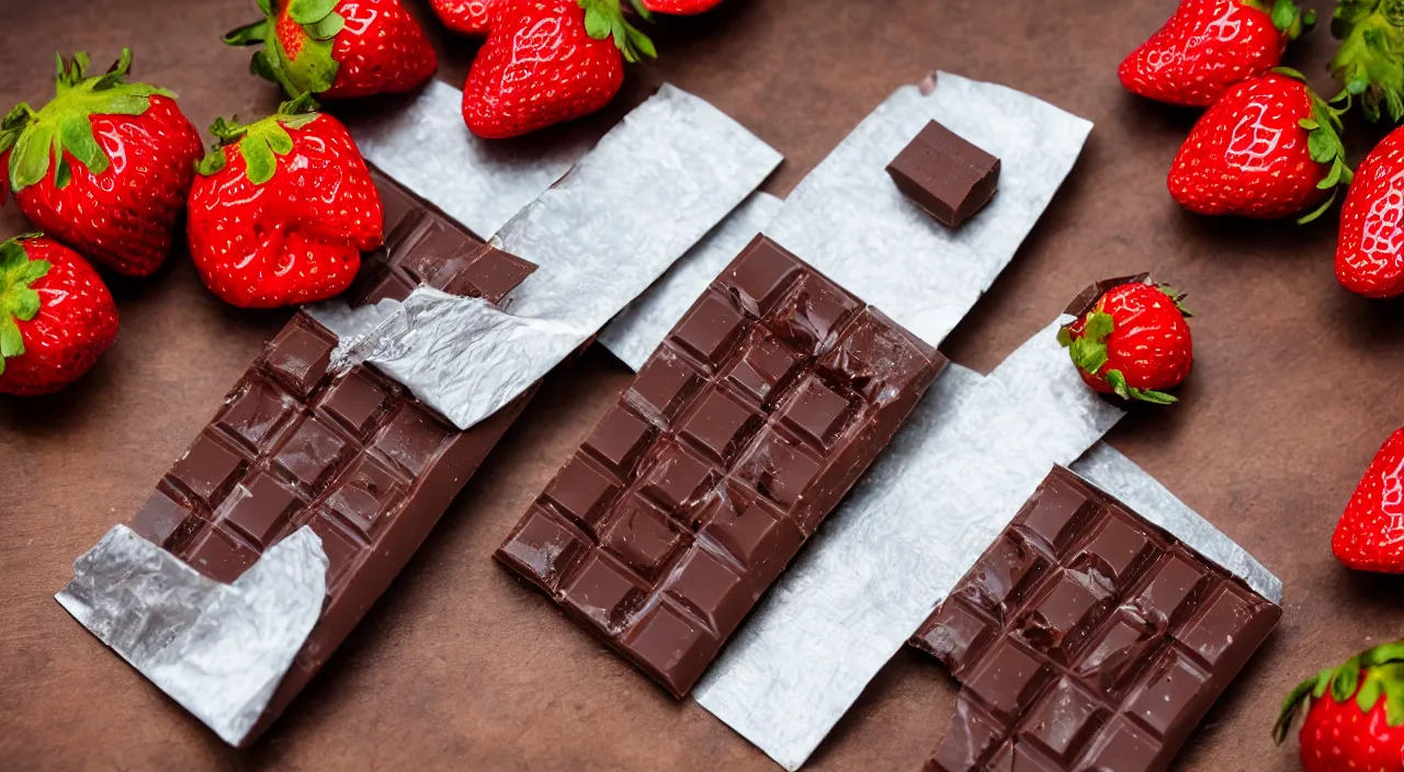 Image similar to A fancy chocolate bar on an opened silver wrapper, with one piece broken off, on a wooden tray, next to sliced strawberries, macro lens product photo