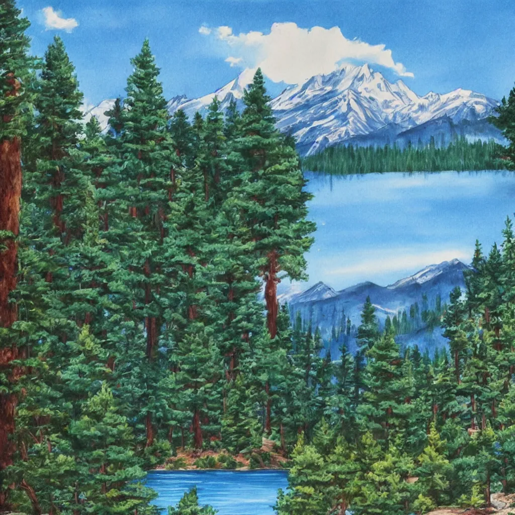 Image similar to a lake surrounded by pine trees with mountains in the background painted by Bob Ross