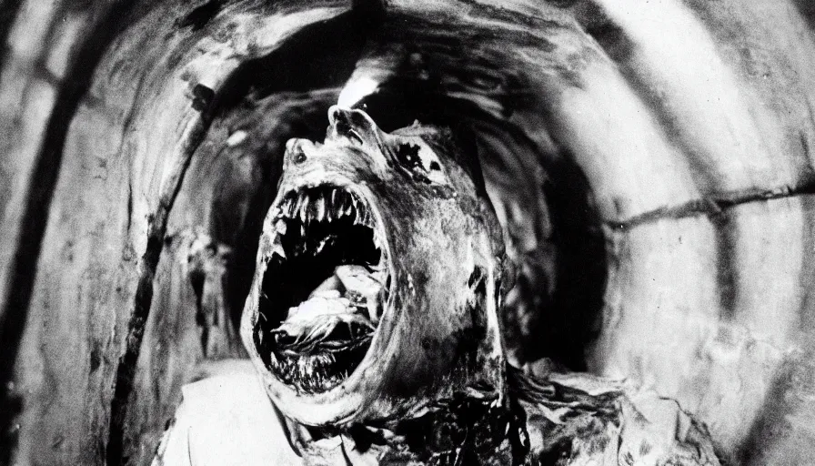Prompt: 70s movie still close-up portrait of a man with a taxidermic bloody jaws and meat dress in a liminal space style tunnel, early black and white 8mm, heavy grain, high quality,