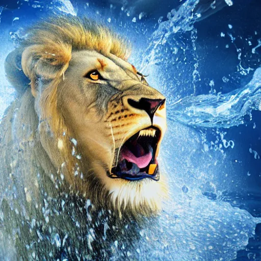 Image similar to a male lion's face breaching through a wall of water, water sprites, splashing, deep blue water color, highly detailed