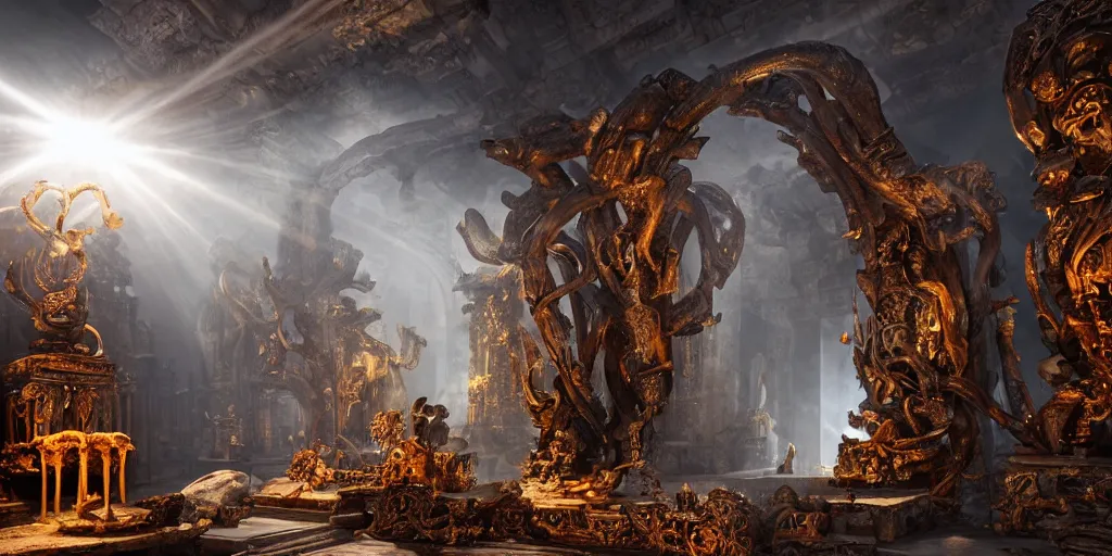 Prompt: ancient temple made of ribs and spines and teeth, gold ram horns, copper goat skulls, grand imposing powerful sculpture. swirls of mist. intense light beams, lens flare. occult photorealism, uhd, amazing depth, volumetric lighting, cinematic lighting. epic landscape.