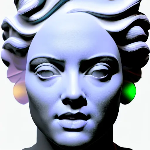 Image similar to sci - fi cgartist wide shot anaglyph ambient occlusion rendering of a hyper realistic marble greek statuary regal goddess head resembling ru paul glowing with embedded vaporwave leds product photo high key colored lighting, trending on artstation volumetric lighting