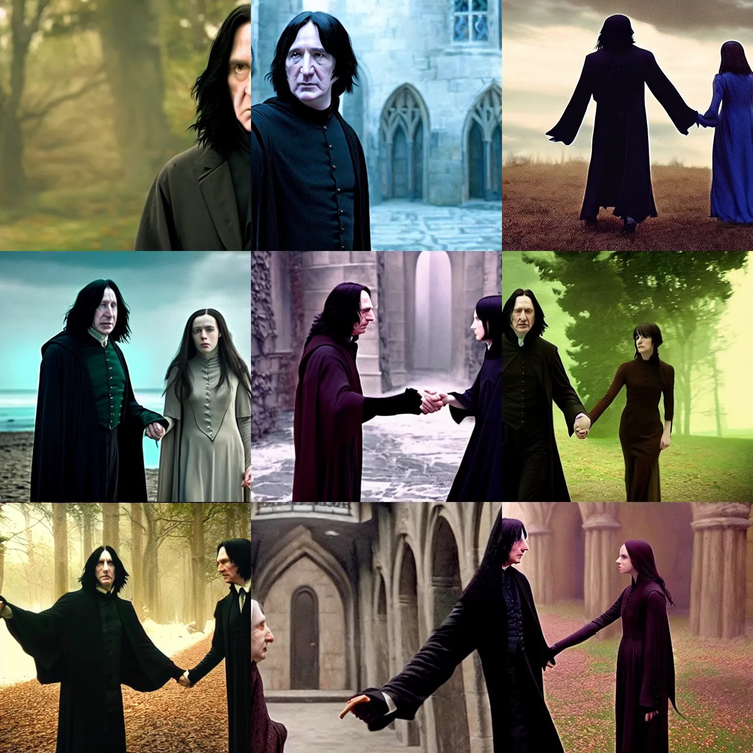 Prompt: severus snape holding lily hand, cinematic establishing shot, magical colours and atmosphere, perfect coherent composition, super realistic, professional photography 1 6 k