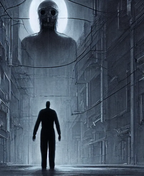 Image similar to a mechanical man in a lab coat standing ominously on a dark and lonely street, by HR Giger and Beksiński and Stephan Martiniere , 4k resolution, detailed, trending on artstation