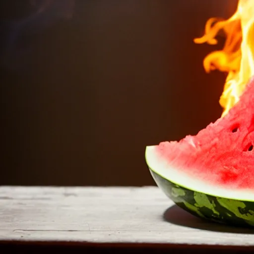 Prompt: photo of a watermelon on fire in a bar