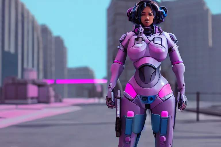 Image similar to a beautiful woman, piloting a mech. Pink and blue color scheme. Scifi city street background. In the style of Arcane by fortiche. Marmoset Toolbag, zbrush, substance painter.