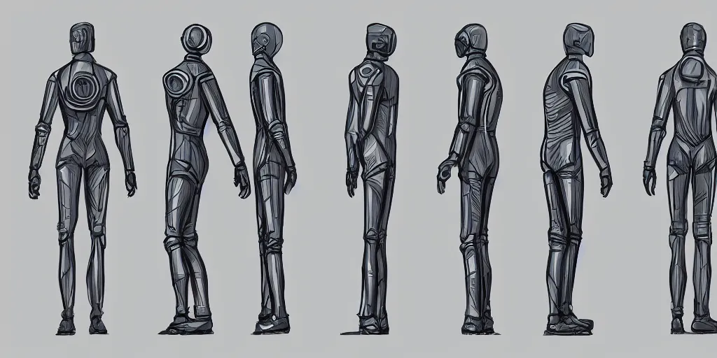 Image similar to male, elongated figure, space suit, large shoulders, short torso, long thin legs, tiny feet, character sheet, digital sketch, very stylized, concept design