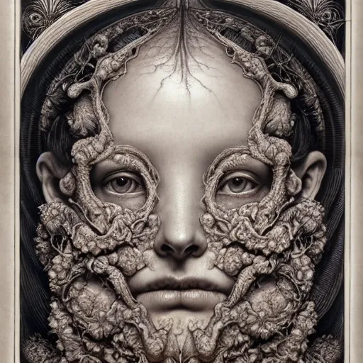 Prompt: detailed realistic beautiful porcelain calaveras face goddess portrait by jean delville, gustave dore, iris van herpen and marco mazzoni, art forms of nature by ernst haeckel, art nouveau, symbolist, visionary, gothic, neo - gothic, pre - raphaelite, fractal lace, intricate alien botanical biodiversity, surreality, hyperdetailed ultrasharp octane render