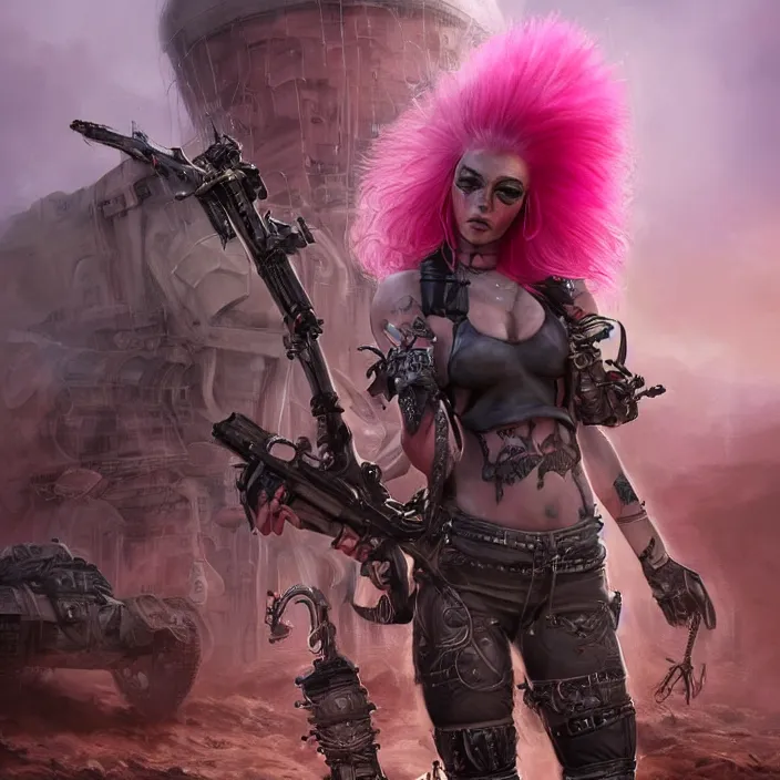 Image similar to beautiful apocalyptic woman with pink Mohawk, standing on mad max panzer tank, 4k ultra hd, fantasy dark art, tank girl, artgerm, concept art, artstation, octane render, elegant, detailed digital painting