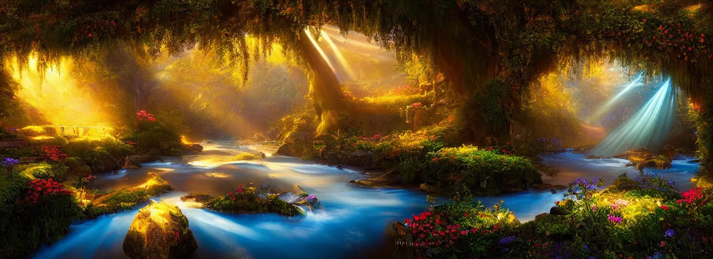 Prompt: photograph of enchanted garden, blue river in the middle, glowing bridge, with rays of light, flowers with intricate detail, by marc adamus, highly detailed, intricate detail, cinematic lighting
