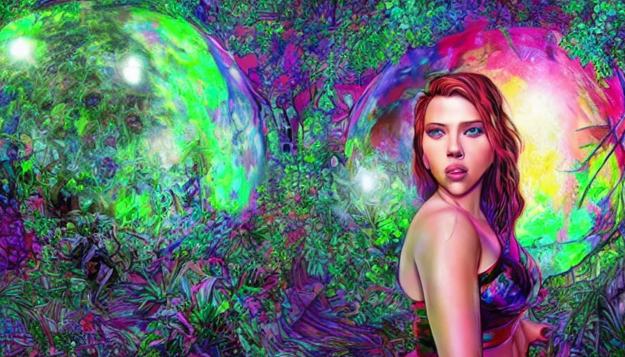 Image similar to scarlett johansson in psychodelic dmt lsd forest looking at a shiny sphere, photorealistic, artgerm, artwork by Rossier, Jessica