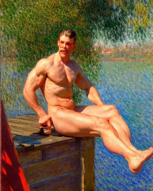Prompt: muscular postman sitting on a dock on a lake, sunlight shining on his skin, reflective water, painting by tom of finland, gaston bussiere, craig mullins, j. c. leyendecker, claude monet