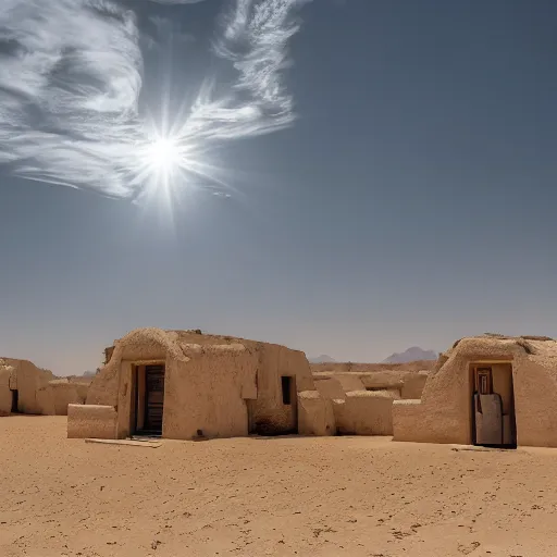 Image similar to a village in the desert, white houses, two suns, star wars style