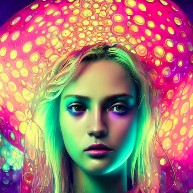 Prompt: psychedelic portrait of beautiful raining synthwave princess, bokeh volumetric lighting, accurate ray tracing, futuristic, sharp focus, vibrant, vivid, wet shiny skin, symmetry, highly detailed, 4 k digital painting, detailed skin, liquid, magical, raytracing, bubbles, artistic, concept art by artgerm, greg rutkowski, alphonse mucha, unreal engine render,