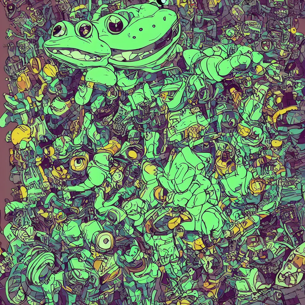 Image similar to toad head, ryuta ueda artwork, breakcore, style of jet set radio, y 2 k, gloom, space, cel - shaded art style, frogs, amphibians, sacred geometry, data, minimal, code, cybernetic, dark, eerie, cyber