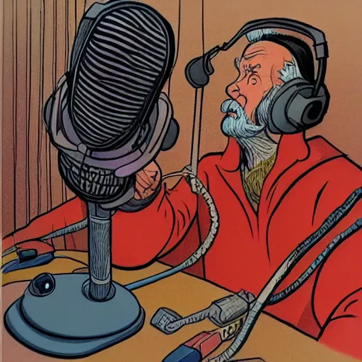 Image similar to drawn in the style of jean giraud!! rackham the red wearing headphones and speaking into big microphone, podcast studio