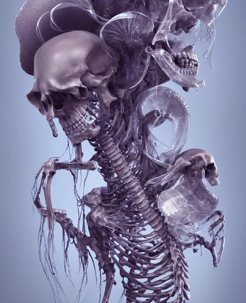 Image similar to goddess close-up portrait human skeleton, ram skull, skeleton, thorax, x-ray, backbone, jellyfish phoenix head, nautilus, orchid, skull, betta fish, bioluminiscent creatures, intricate artwork by Tooth Wu and wlop and beeple. octane render, trending on artstation, greg rutkowski very coherent symmetrical artwork. cinematic, hyper realism, high detail, octane render, 8k