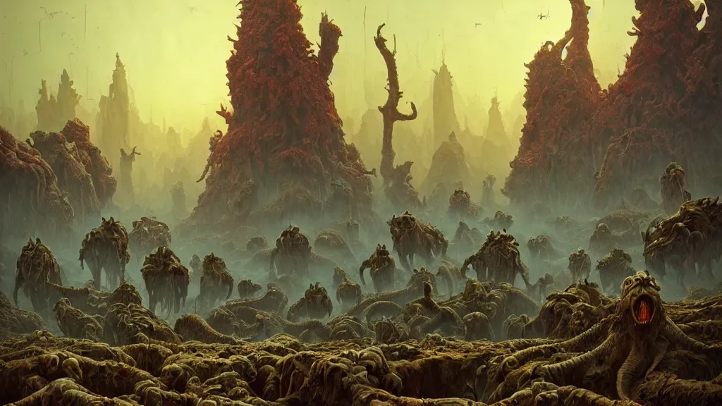 Image similar to the ancient manifestation of evil in a sea of rabid dogs, intricate, detailed, volumetric lighting, sharp focus, scenery, photorealism, digital painting, highly detailed, concept art, by roger dean and simon stalenhag and mark brooks