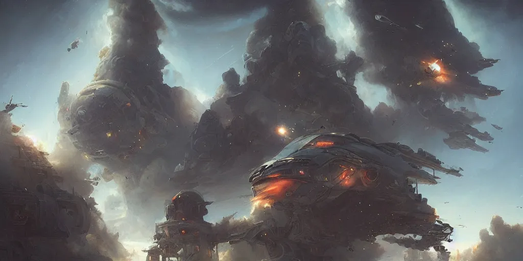 Image similar to giant spaceship lift off from earth, smoke, full of details, dark sci-fi, matte painting, style of peter mohrbacher