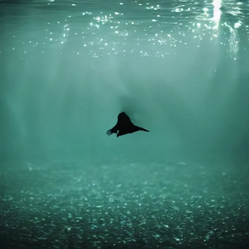 Image similar to crow underwater, glow, horror, creepy