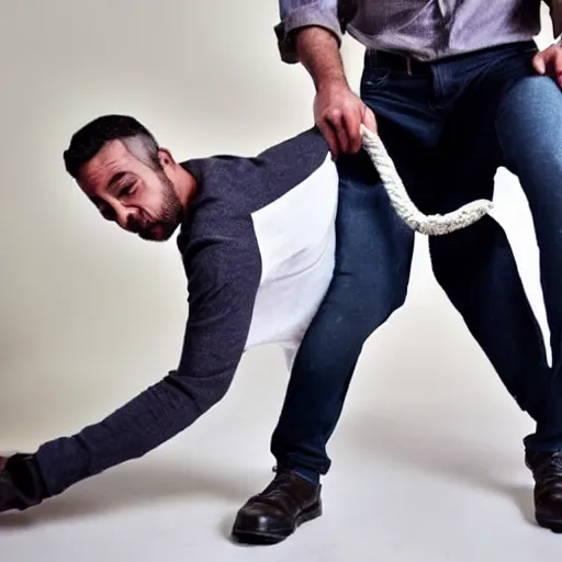 Prompt: photo of a man using a pair of pants from his laundry as a whip, funny, accident, high quality