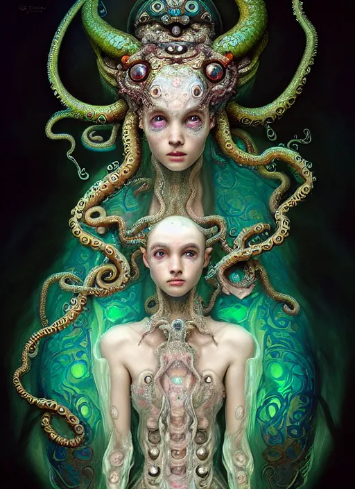 Prompt: A full shot of a cute magical monster wearing an ornate dress made of opals and tentacles. Subsurface Scattering. Translucent Skin. Caustics. Prismatic light. defined facial features, symmetrical facial features. Opalescent surface. Soft Lighting. beautiful lighting. By Giger and Ruan Jia and Artgerm and WLOP and William-Adolphe Bouguereau and Loish and Lisa Frank. Fantasy Illustration. Sailor Moon. Masterpiece. trending on artstation, featured on pixiv, award winning, cinematic composition, dramatic pose, sharp, details, Hyper-detailed, HD, HDR, 4K, 8K.