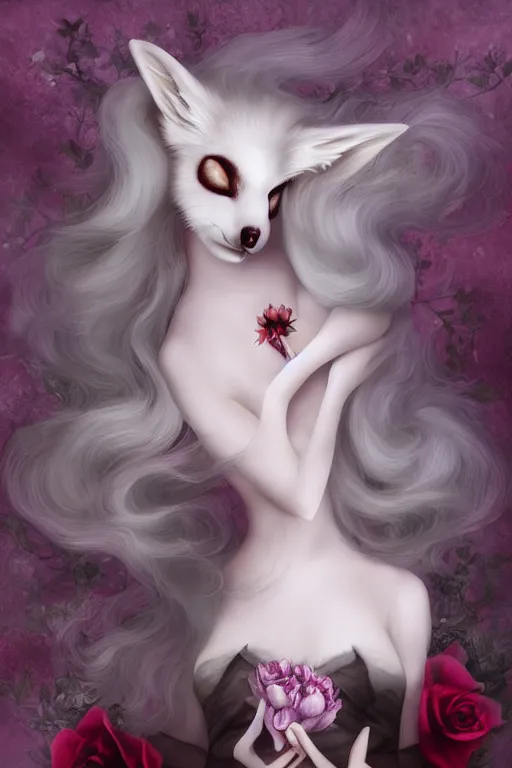 Prompt: vampire white fox, flowerpunk, painterly, by Natalie Shau