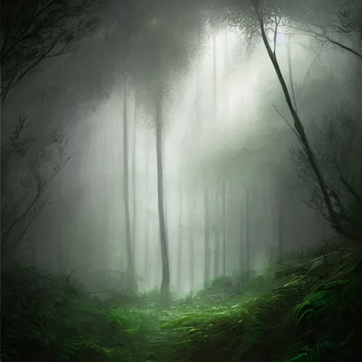 Image similar to (((red glow))) coming from cave entrance in ethereal lush forest with mystical ambiance and fog, desaturated, realistic, sharp focus, highly detailed, by artgerm