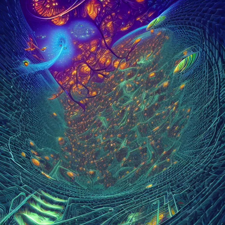 Image similar to an expansive octane redshift rendering of beautiful and complex interwoven fireflies at the rift in the timespace continuum portal fractal quantum by dan mumford, ombre, by jim fitzpatrick, by joe wilson, by jim burns, by victo ngai, by jacek yerka, featured on deviant art, trending on artstation