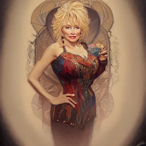 Image similar to beautiful lifelike award winning pencil illustration of dolly parton trending on art station artgerm greg rutkowski alphonse mucha cinematic atmospheric