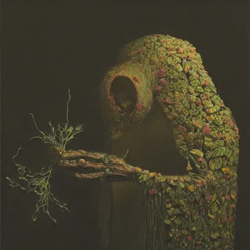 Image similar to a golemn tending to a beautiful dried flower in a dark room, zdzislaw beksinski, arthur rachham, 8 k, artstation, interior