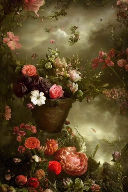 Image similar to secret garden, lush, floral, botanical, romanticism, dark, moody, rachel ruysch