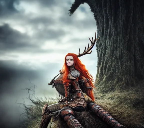 Image similar to a portrait photo of an armored female warrior redhead with antlers sitting on the edge of a giant mushroom that covers a whole town and reaches above the clouds by luis royo. intricate. lifelike. soft light. sony a 7 r iv 5 5 mm. cinematic post - processing