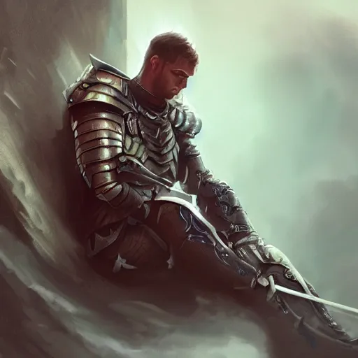 Prompt: 'A human male paladin in chainmail is resting after a fight, intricate, digital painting, cinematic, trending on artstation