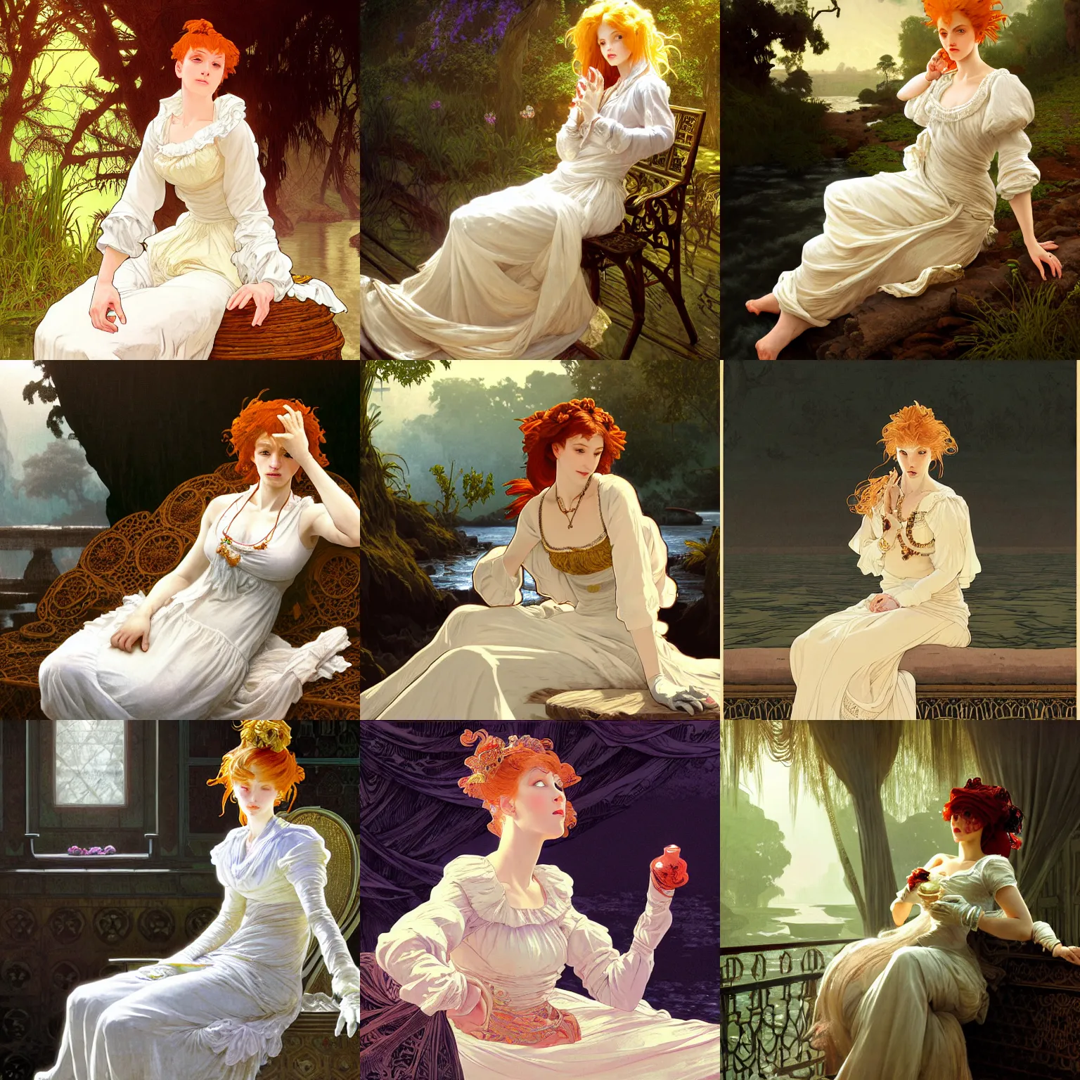 Prompt: hand covered in white gloves, neo rococo expressionist orientalism southern ginger woman in simple cream dress sitting beside a river, extreme plus resolution fantasy concept art, intricate details to everything visible, sharp lighting, dramatic light by denis villeneuve, strong emphasis on alphonse mucha, makoto shinkai