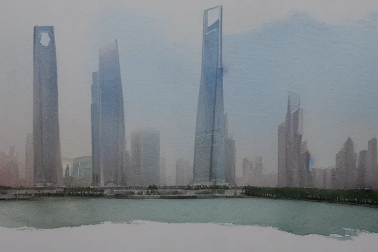 Prompt: A watercolor depicting an empty Lujiazui, gloomy weather, high contrast, smooth, by Joseph Zbikowicz, 8k