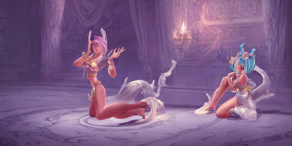 Image similar to beautiful genie girl, kneeling in the palace room, beautiful elegant body, accurate body proportions, accurate facial details, epic fantasy, mysterious ambient lighting, digital art, fantasy vibes, style of final fantasy and kingdom hearts